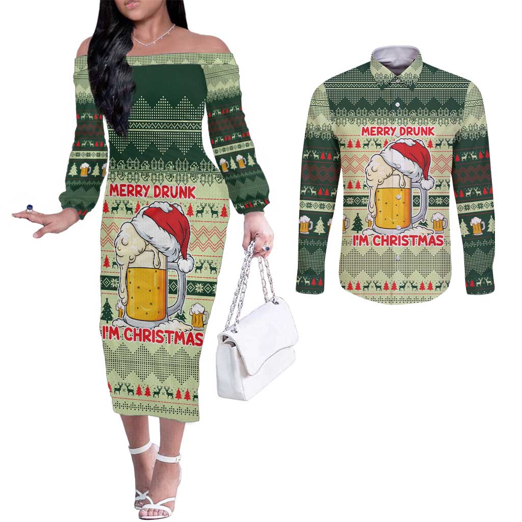 Merry Drunk I'm Christmas Couples Matching Off The Shoulder Long Sleeve Dress and Long Sleeve Button Shirt Xmas Holiday Patterns - Wonder Print Shop