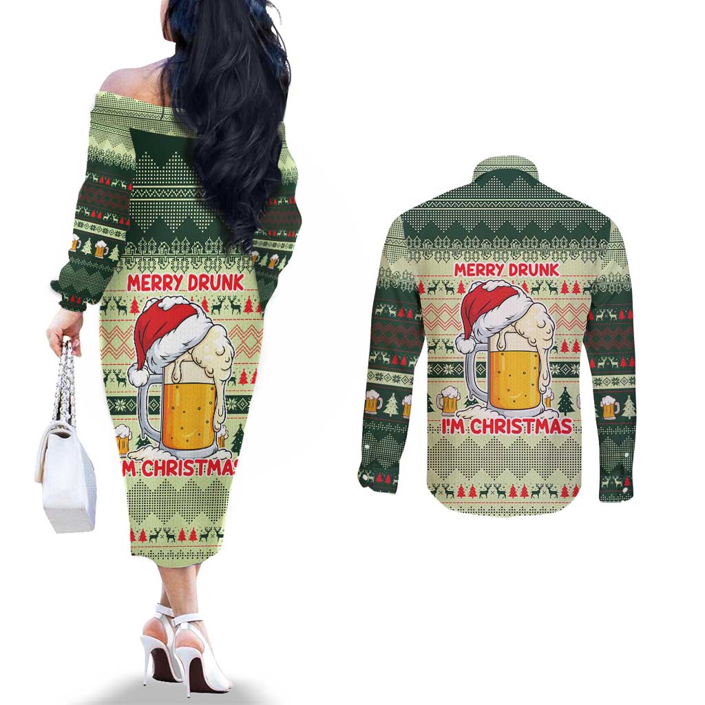 Merry Drunk I'm Christmas Couples Matching Off The Shoulder Long Sleeve Dress and Long Sleeve Button Shirt Xmas Holiday Patterns - Wonder Print Shop