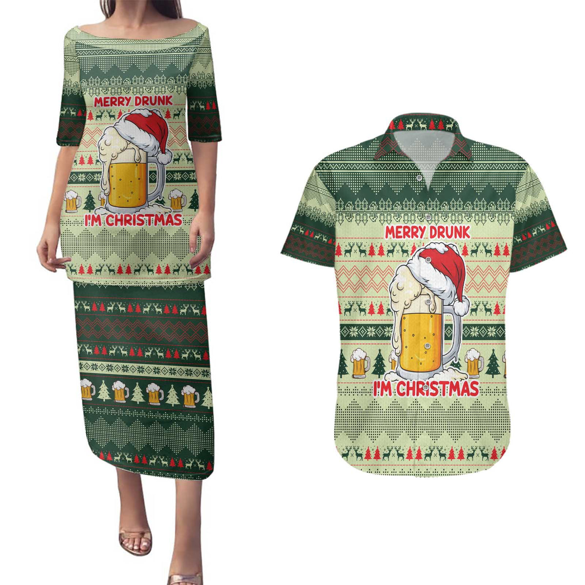Merry Drunk I'm Christmas Couples Matching Puletasi and Hawaiian Shirt Xmas Holiday Patterns - Wonder Print Shop
