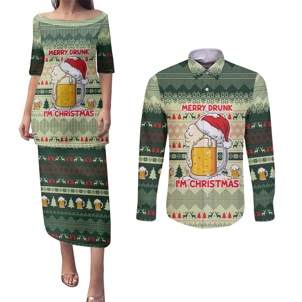 Merry Drunk I'm Christmas Couples Matching Puletasi and Long Sleeve Button Shirt Xmas Holiday Patterns - Wonder Print Shop