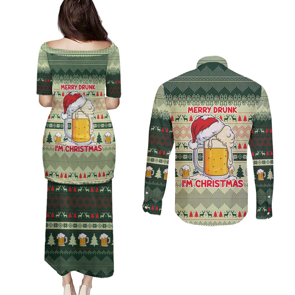 Merry Drunk I'm Christmas Couples Matching Puletasi and Long Sleeve Button Shirt Xmas Holiday Patterns - Wonder Print Shop