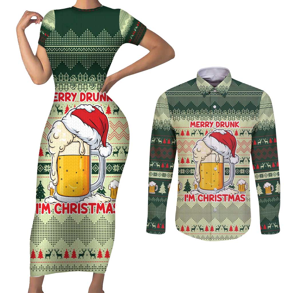 Merry Drunk I'm Christmas Couples Matching Short Sleeve Bodycon Dress and Long Sleeve Button Shirt Xmas Holiday Patterns - Wonder Print Shop