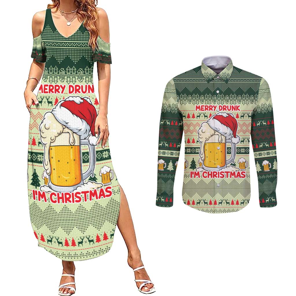 Merry Drunk I'm Christmas Couples Matching Summer Maxi Dress and Long Sleeve Button Shirt Xmas Holiday Patterns - Wonder Print Shop