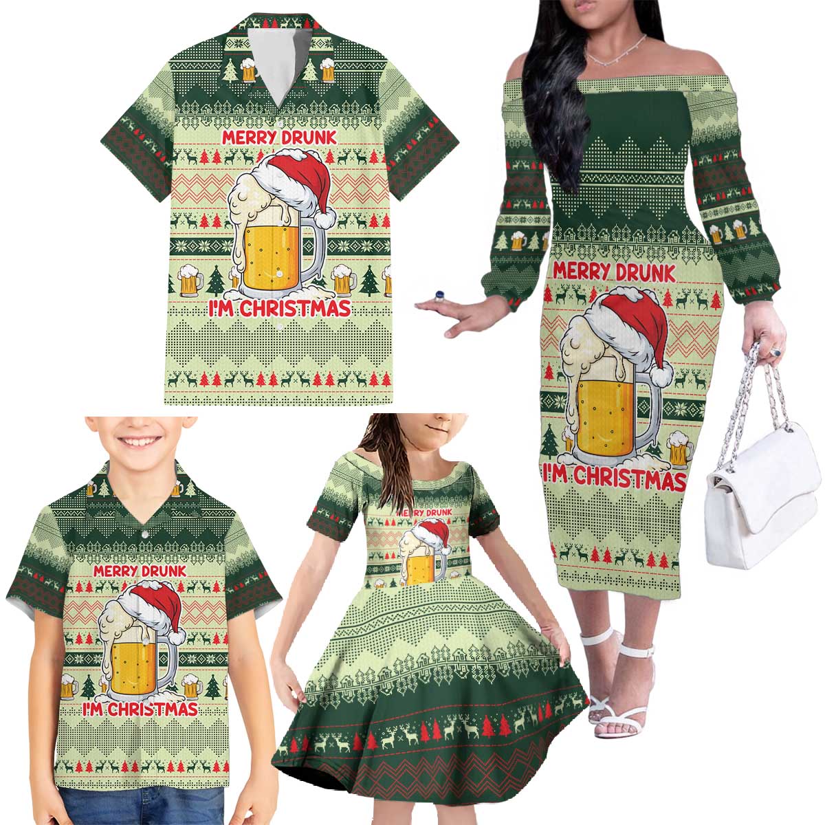 Merry Drunk I'm Christmas Family Matching Off The Shoulder Long Sleeve Dress and Hawaiian Shirt Xmas Holiday Patterns - Wonder Print Shop