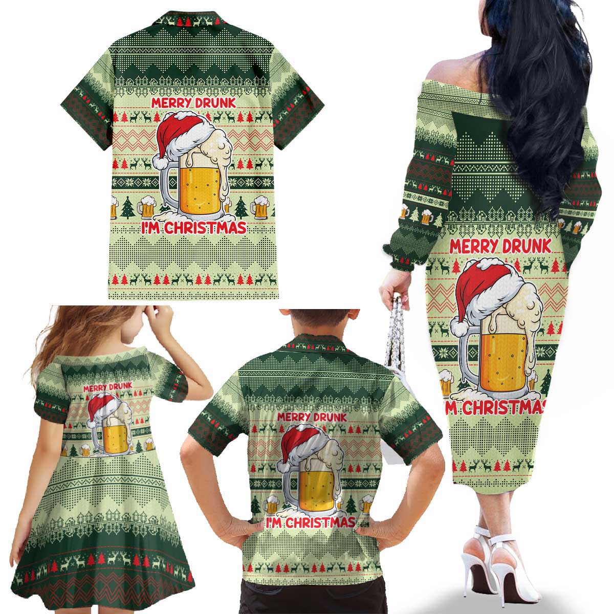 Merry Drunk I'm Christmas Family Matching Off The Shoulder Long Sleeve Dress and Hawaiian Shirt Xmas Holiday Patterns - Wonder Print Shop