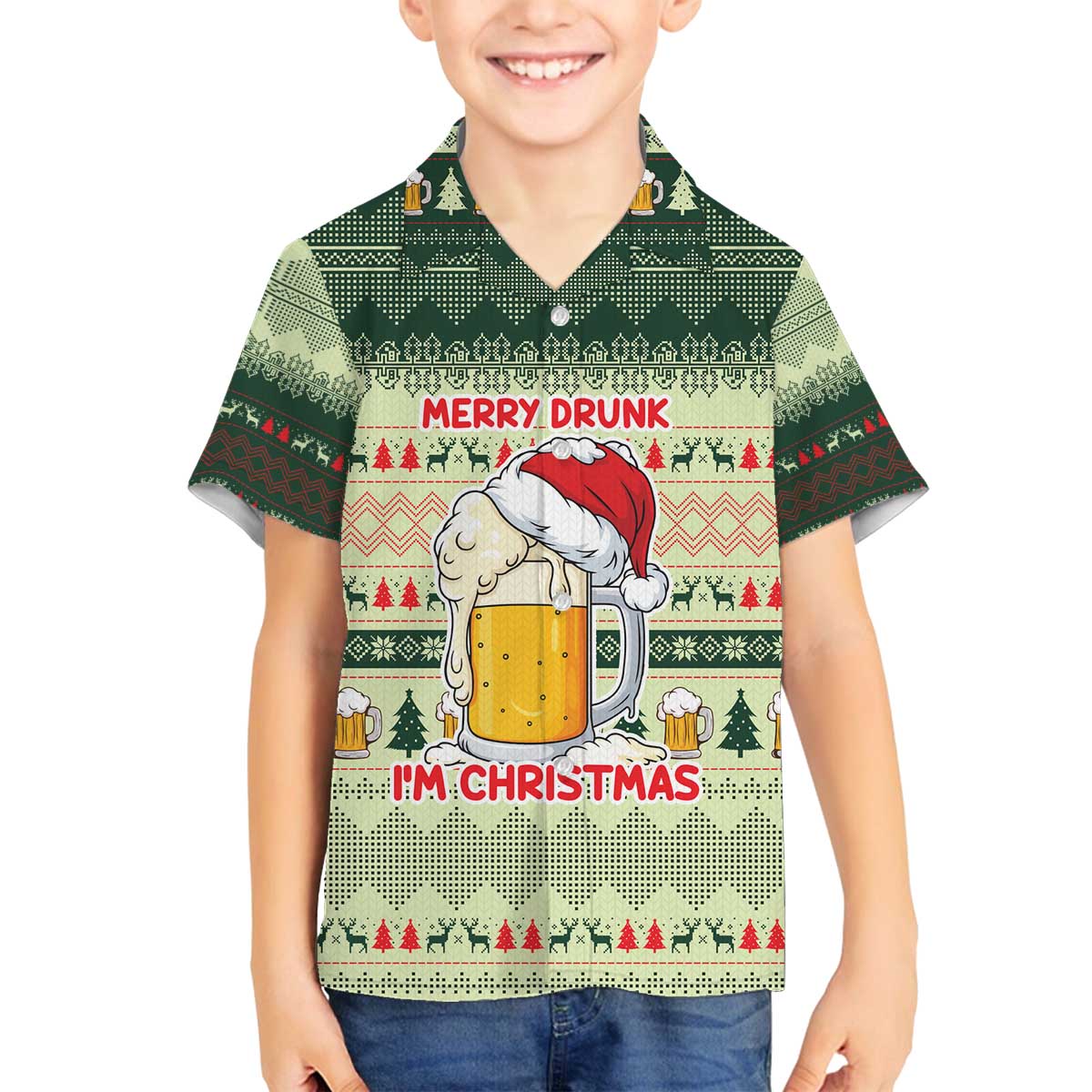 Merry Drunk I'm Christmas Family Matching Off The Shoulder Long Sleeve Dress and Hawaiian Shirt Xmas Holiday Patterns - Wonder Print Shop
