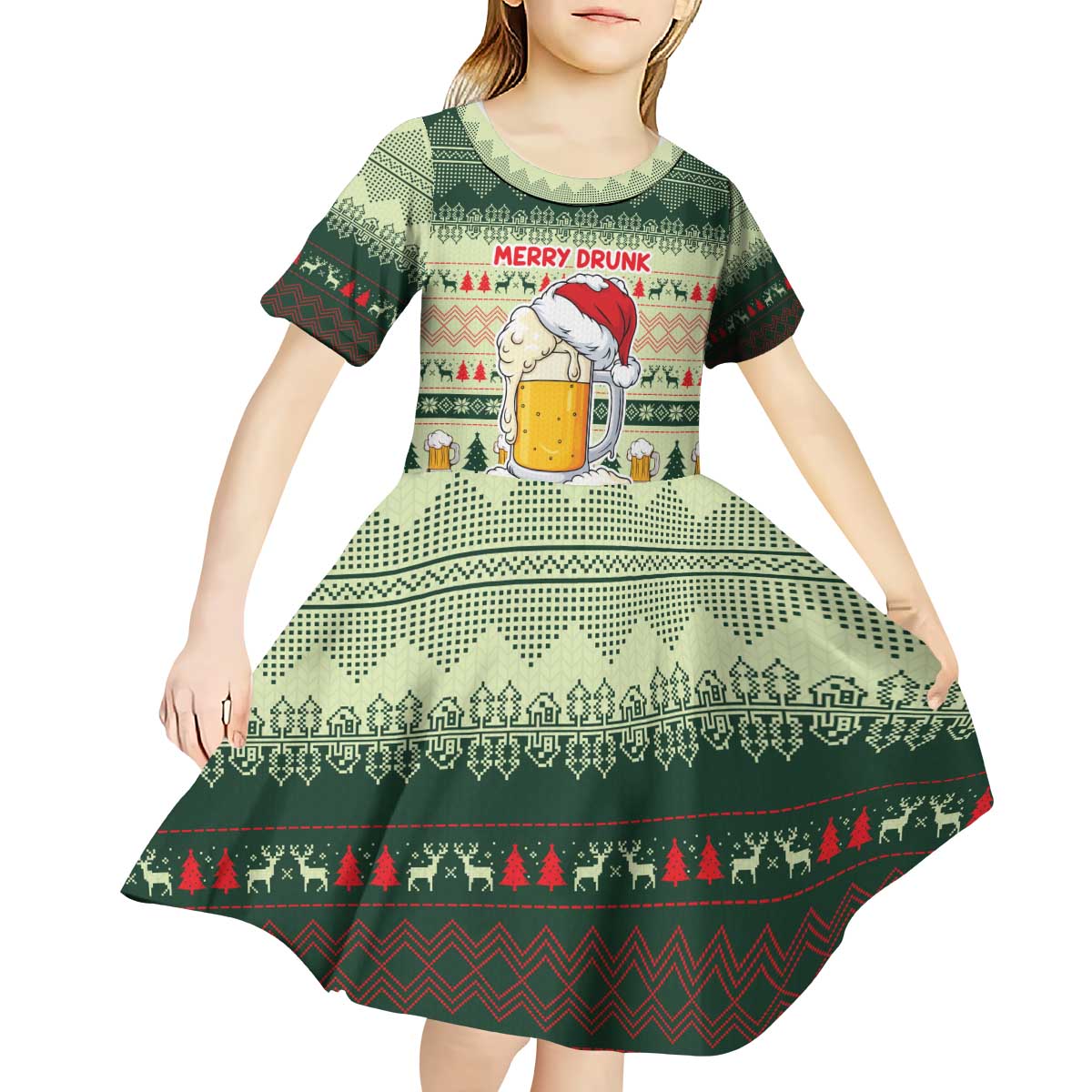 Merry Drunk I'm Christmas Kid Short Sleeve Dress Xmas Holiday Patterns - Wonder Print Shop