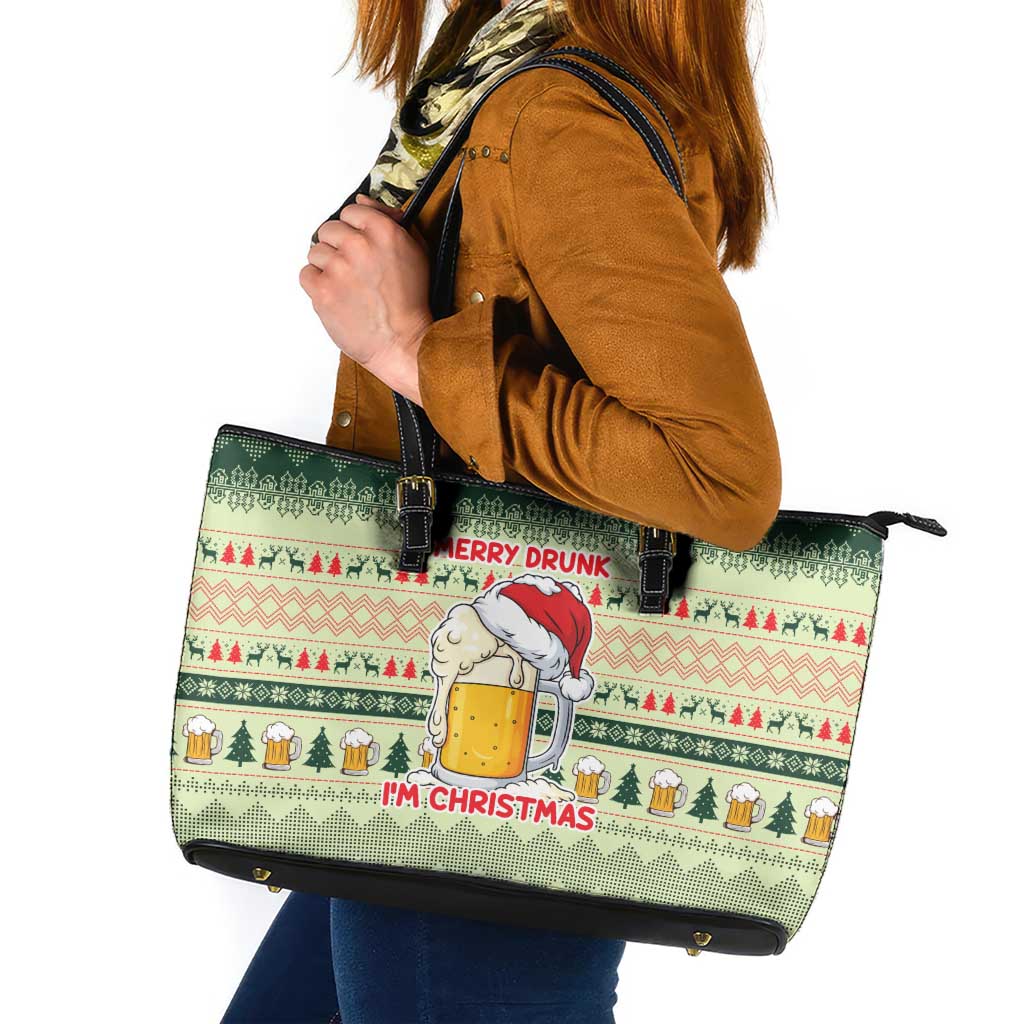 Merry Drunk I'm Christmas Leather Tote Bag Xmas Holiday Patterns - Wonder Print Shop
