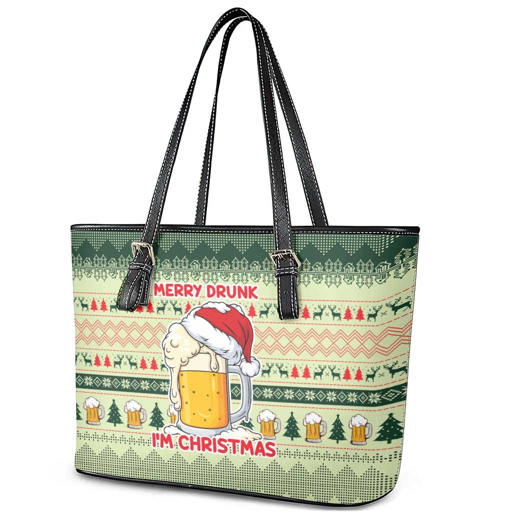 Merry Drunk I'm Christmas Leather Tote Bag Xmas Holiday Patterns - Wonder Print Shop