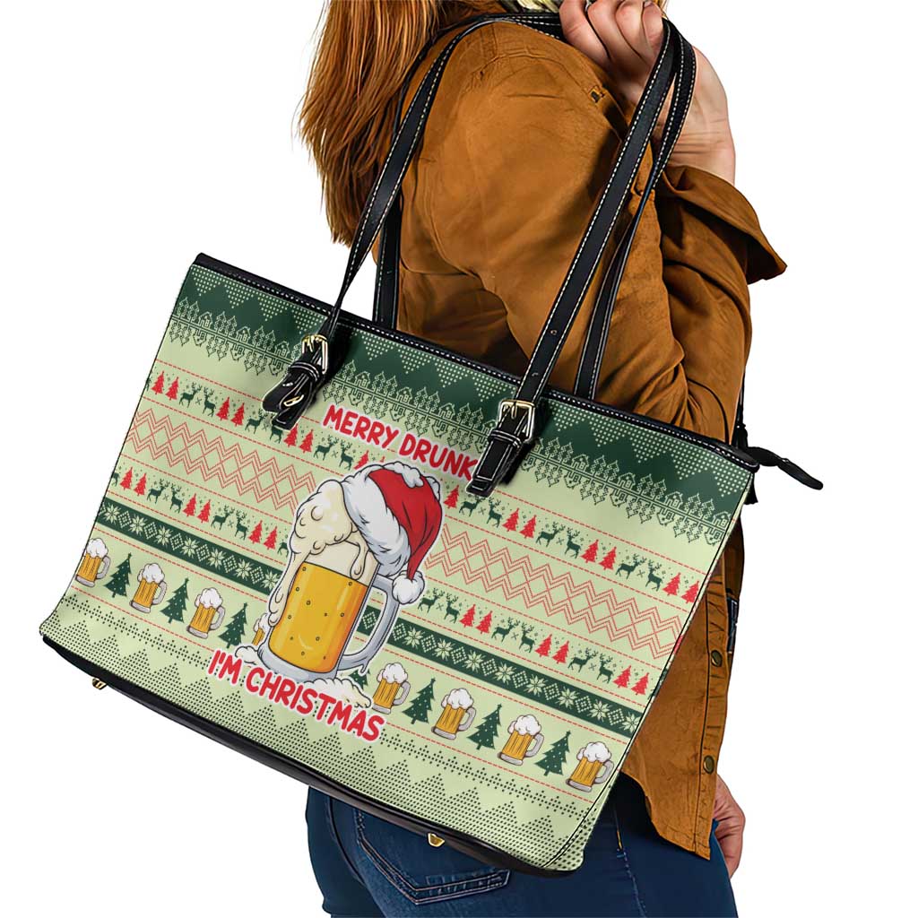 Merry Drunk I'm Christmas Leather Tote Bag Xmas Holiday Patterns - Wonder Print Shop