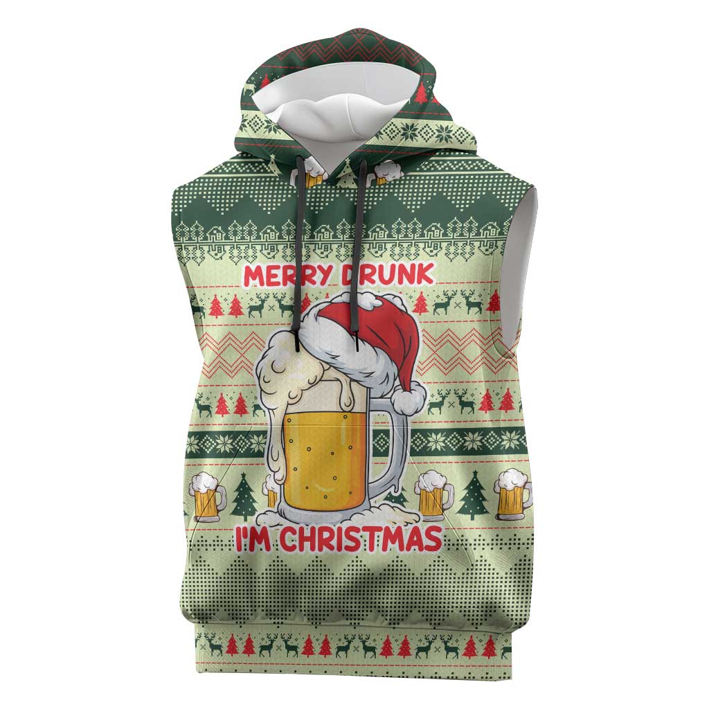 Merry Drunk I'm Christmas Sleeveless Hoodie Xmas Holiday Patterns - Wonder Print Shop