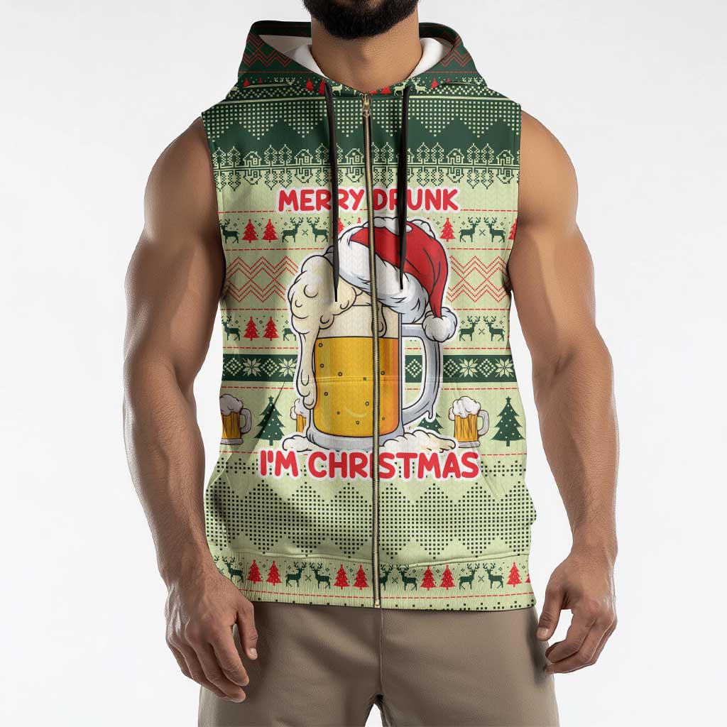 Merry Drunk I'm Christmas Sleeveless Zip Hoodie Xmas Holiday Patterns - Wonder Print Shop