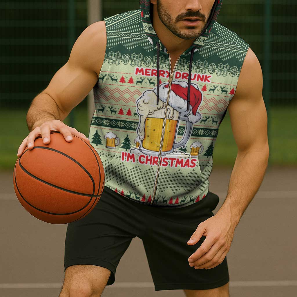Merry Drunk I'm Christmas Sleeveless Zip Hoodie Xmas Holiday Patterns - Wonder Print Shop