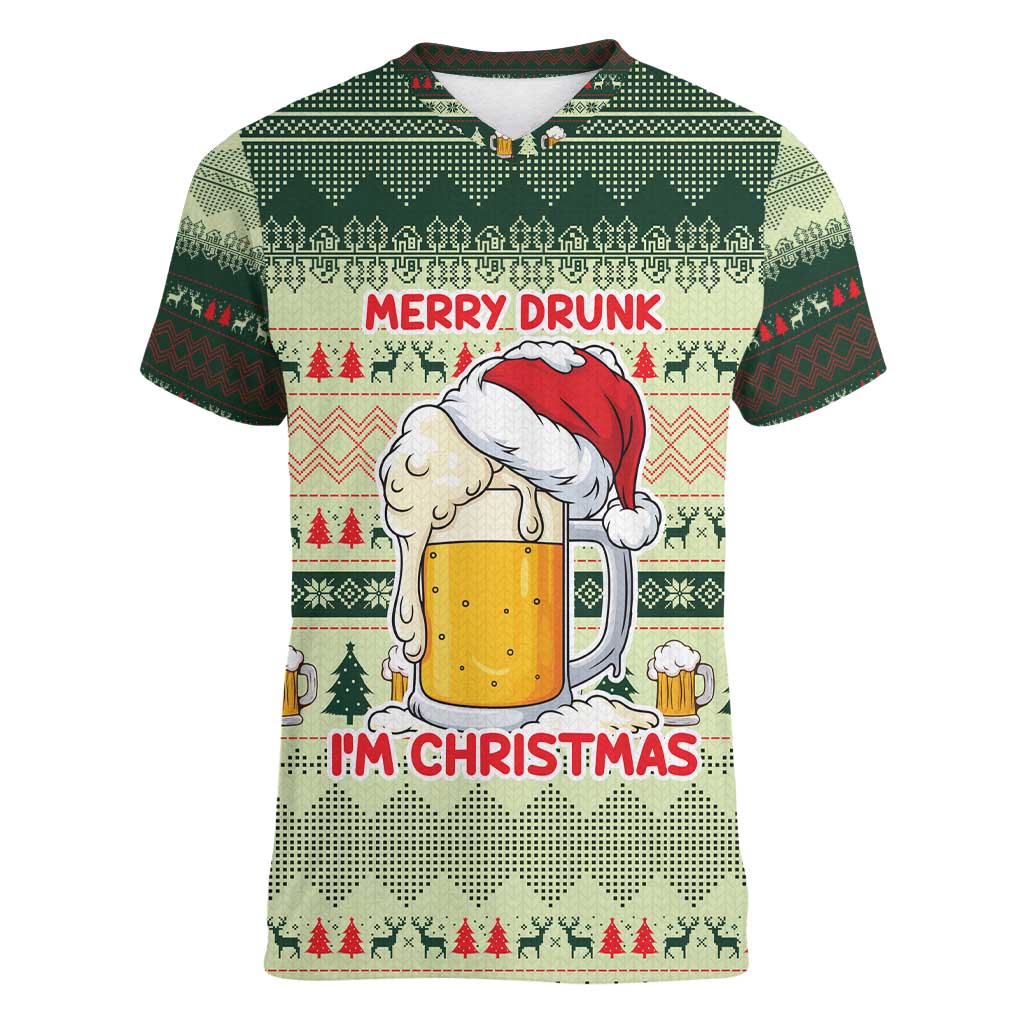 Merry Drunk I'm Christmas Women V-Neck T-Shirt Xmas Holiday Patterns - Wonder Print Shop