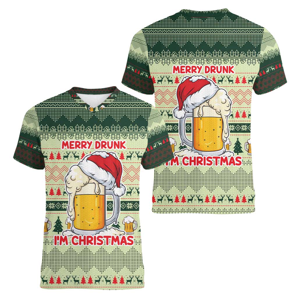 Merry Drunk I'm Christmas Women V-Neck T-Shirt Xmas Holiday Patterns - Wonder Print Shop