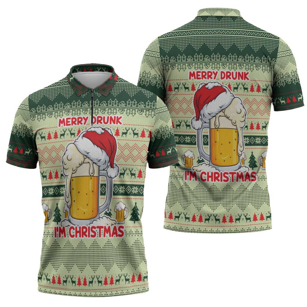 Merry Drunk I'm Christmas Zipper Polo Shirt Xmas Holiday Patterns - Wonder Print Shop