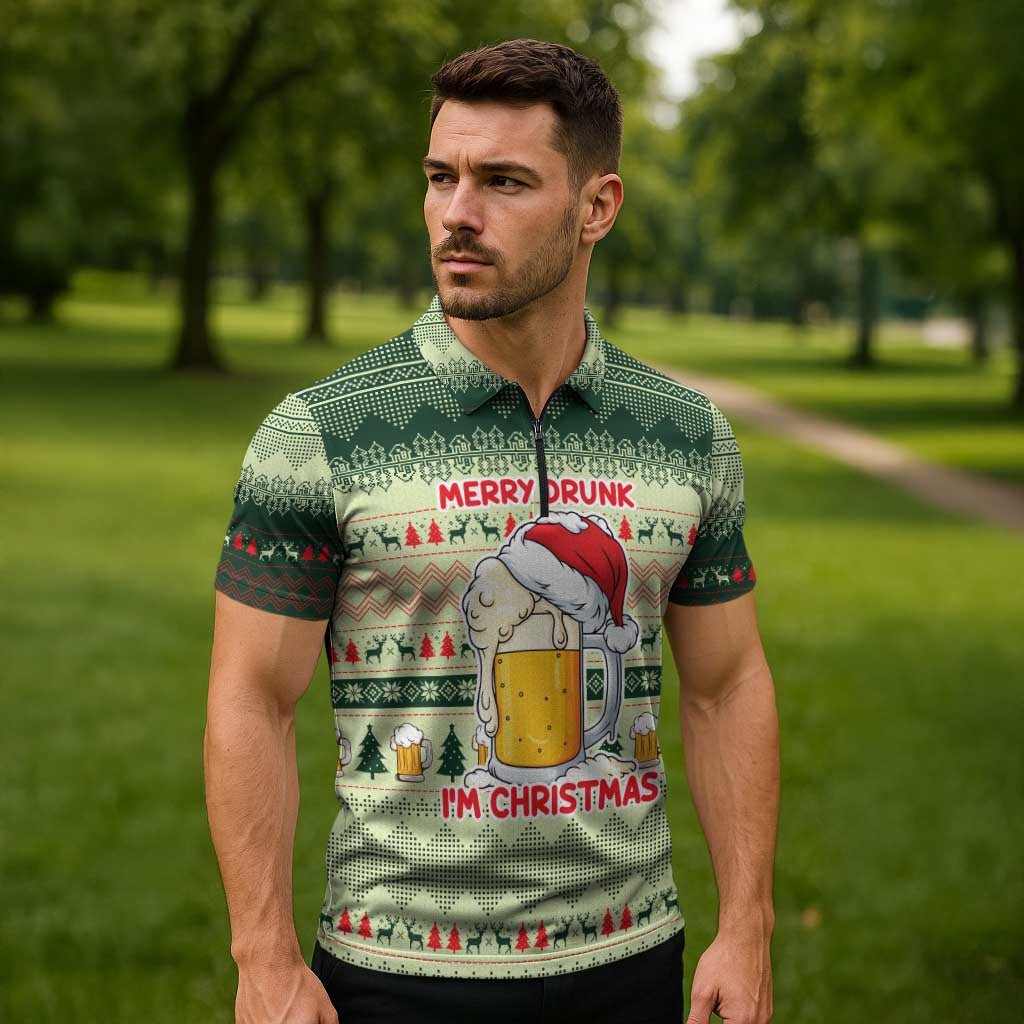 Merry Drunk I'm Christmas Zipper Polo Shirt Xmas Holiday Patterns - Wonder Print Shop