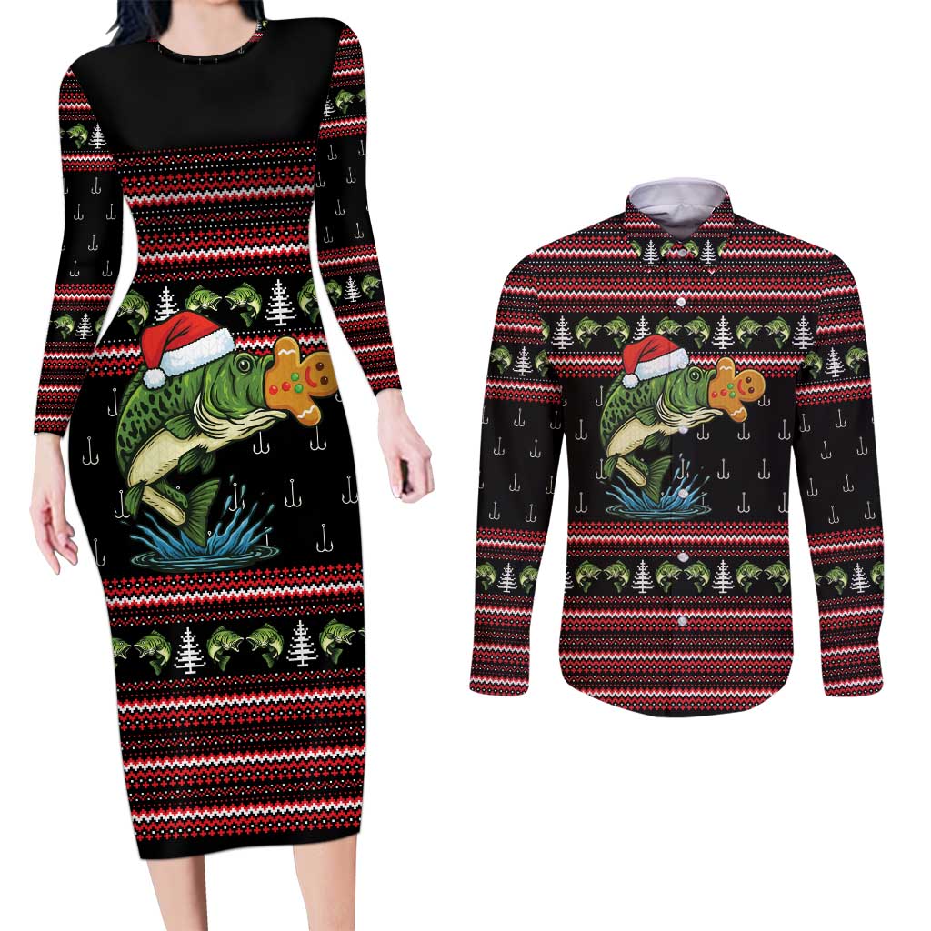 Merry Fishmas Christmas Couples Matching Long Sleeve Bodycon Dress and Long Sleeve Button Shirt Xmas Holiday Patterns - Wonder Print Shop