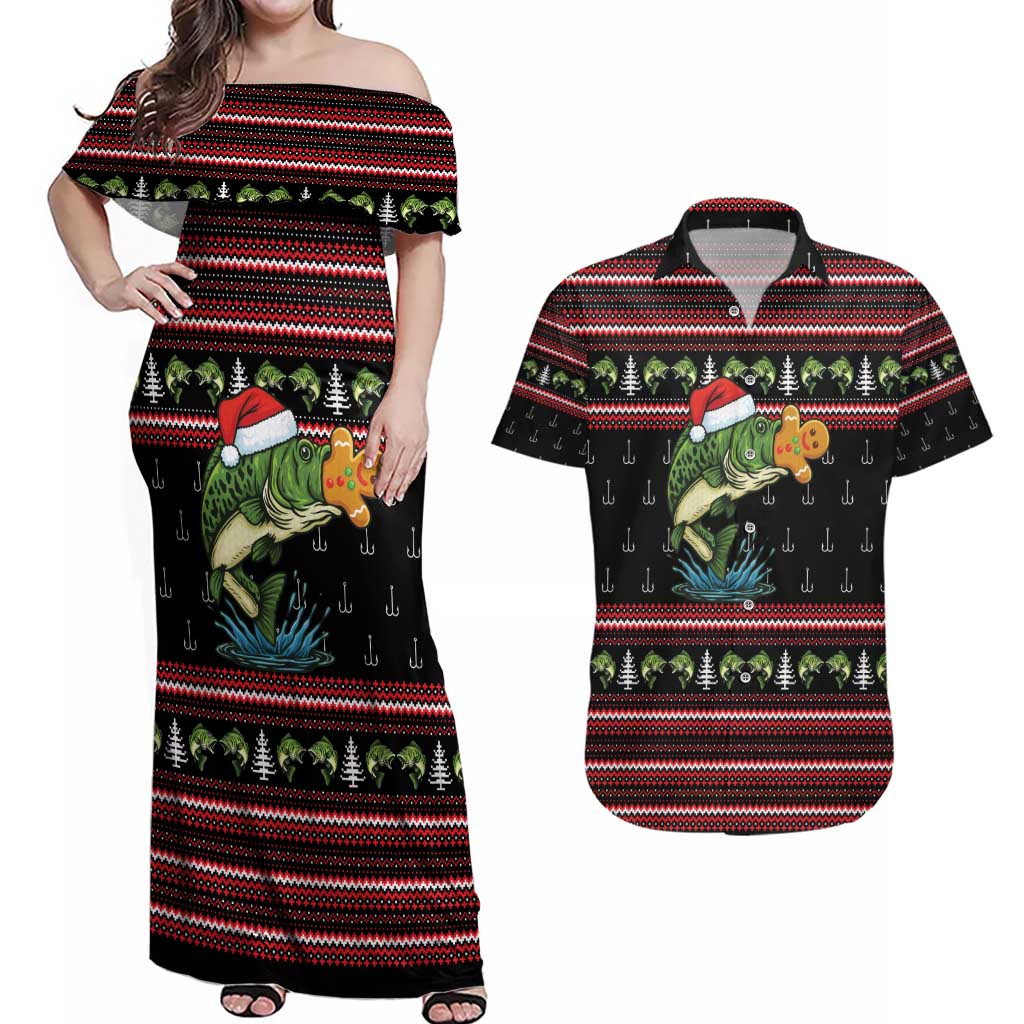 Merry Fishmas Christmas Couples Matching Off Shoulder Maxi Dress and Hawaiian Shirt Xmas Holiday Patterns - Wonder Print Shop