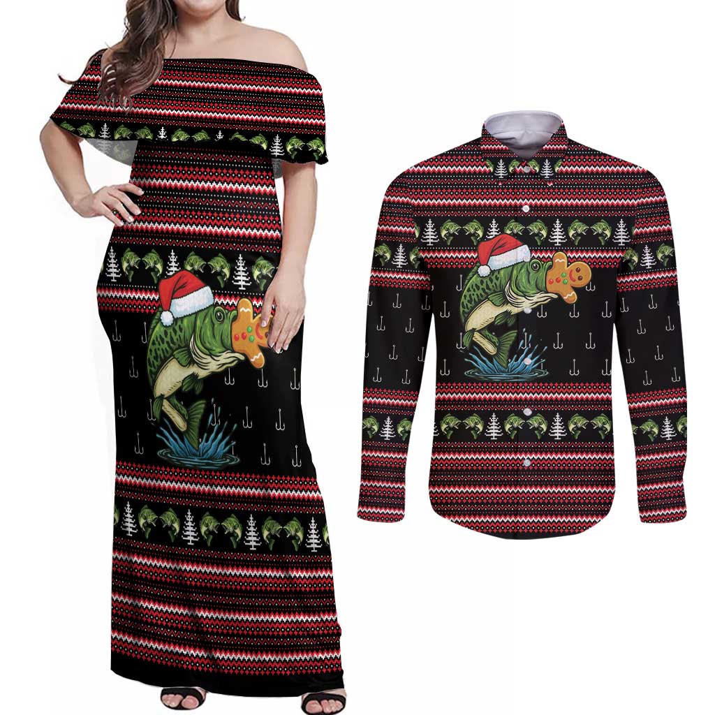 Merry Fishmas Christmas Couples Matching Off Shoulder Maxi Dress and Long Sleeve Button Shirt Xmas Holiday Patterns - Wonder Print Shop