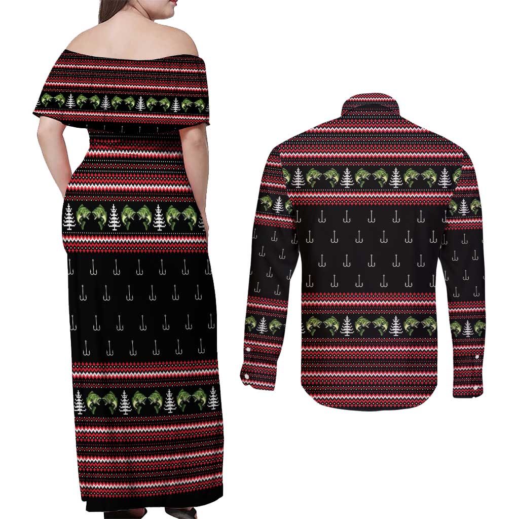 Merry Fishmas Christmas Couples Matching Off Shoulder Maxi Dress and Long Sleeve Button Shirt Xmas Holiday Patterns - Wonder Print Shop