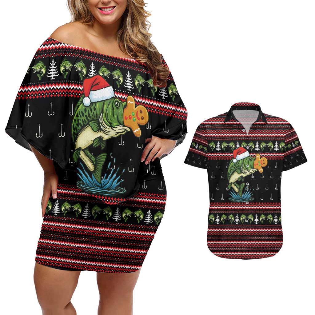 Merry Fishmas Christmas Couples Matching Off Shoulder Short Dress and Hawaiian Shirt Xmas Holiday Patterns - Wonder Print Shop