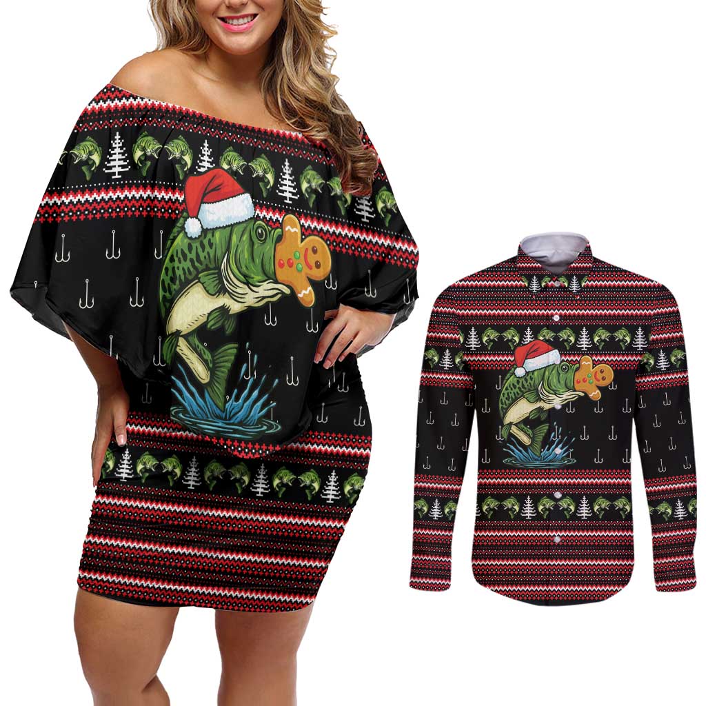 Merry Fishmas Christmas Couples Matching Off Shoulder Short Dress and Long Sleeve Button Shirt Xmas Holiday Patterns - Wonder Print Shop