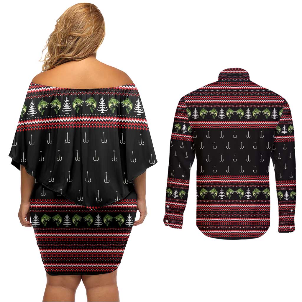 Merry Fishmas Christmas Couples Matching Off Shoulder Short Dress and Long Sleeve Button Shirt Xmas Holiday Patterns - Wonder Print Shop