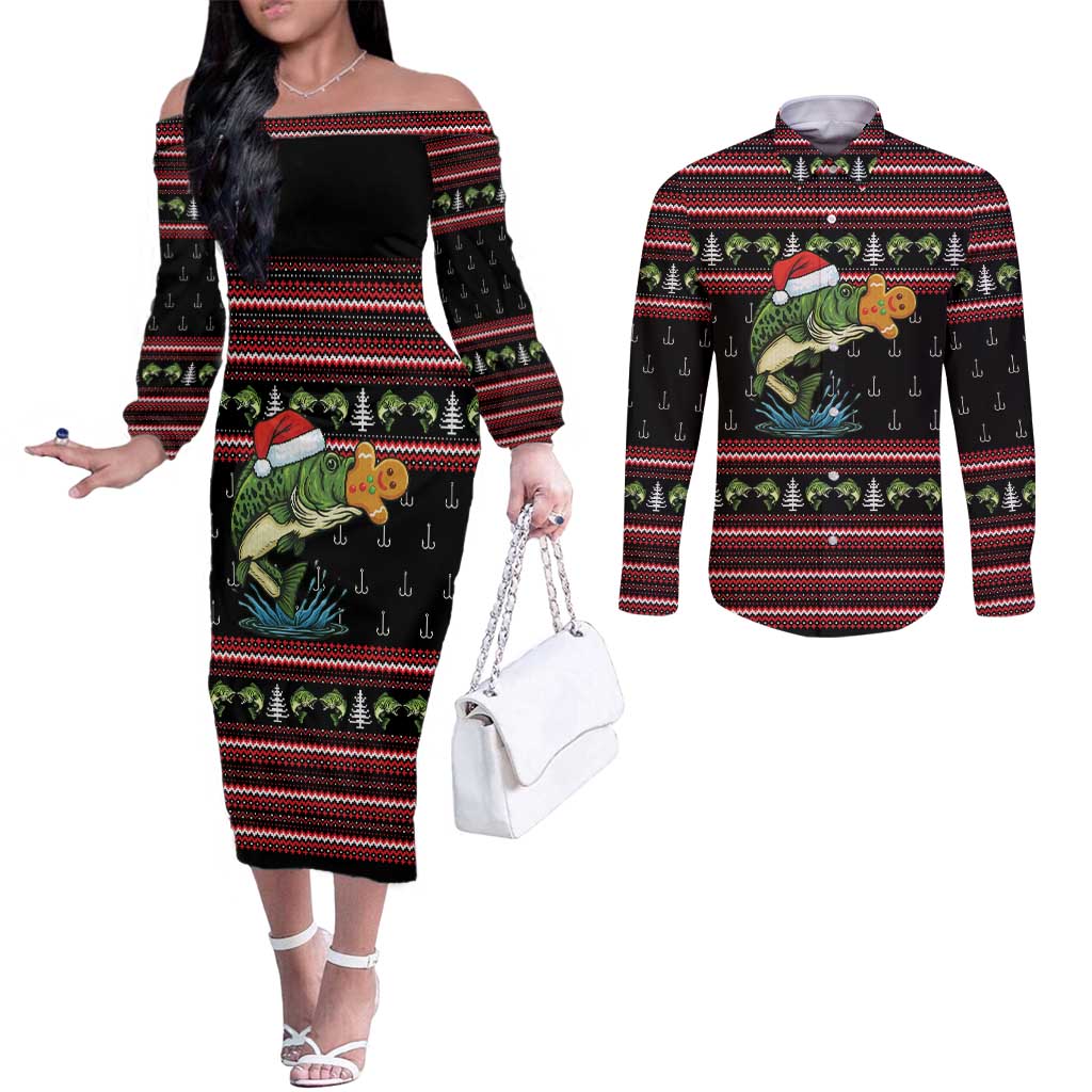 Merry Fishmas Christmas Couples Matching Off The Shoulder Long Sleeve Dress and Long Sleeve Button Shirt Xmas Holiday Patterns - Wonder Print Shop