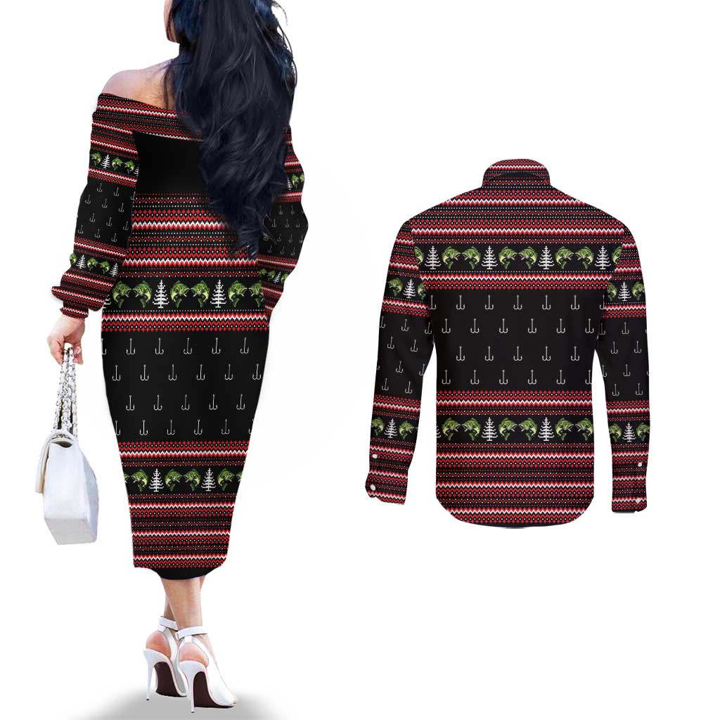 Merry Fishmas Christmas Couples Matching Off The Shoulder Long Sleeve Dress and Long Sleeve Button Shirt Xmas Holiday Patterns - Wonder Print Shop