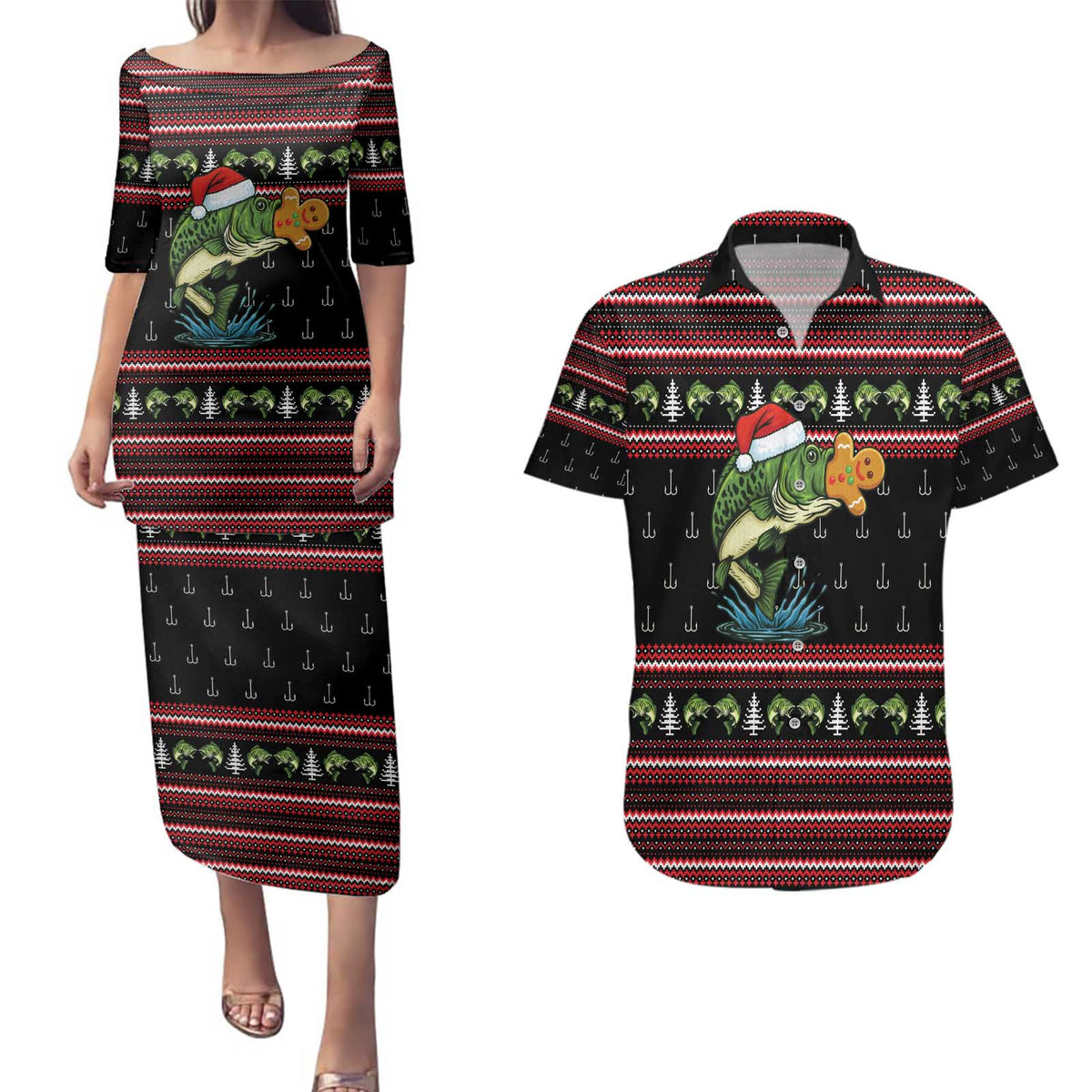 Merry Fishmas Christmas Couples Matching Puletasi and Hawaiian Shirt Xmas Holiday Patterns - Wonder Print Shop