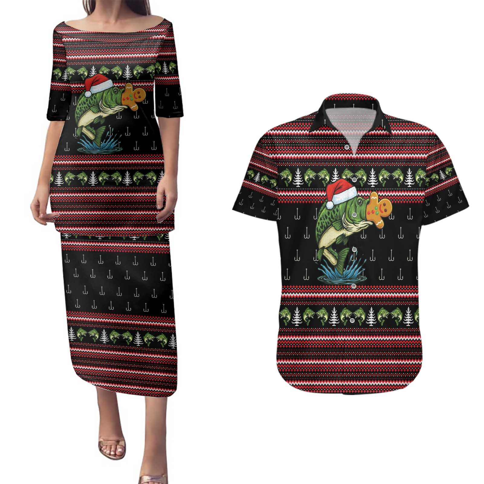 Merry Fishmas Christmas Couples Matching Puletasi and Hawaiian Shirt Xmas Holiday Patterns - Wonder Print Shop