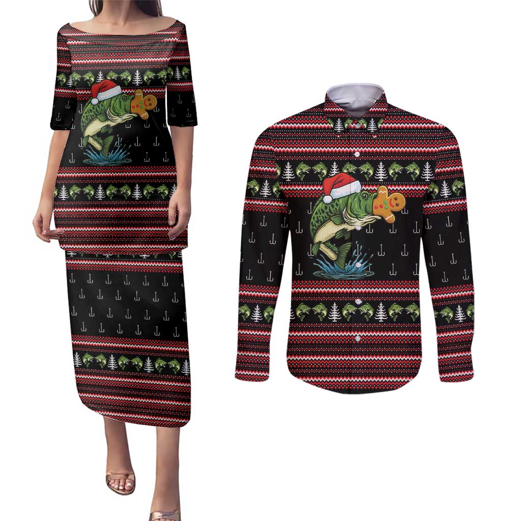 Merry Fishmas Christmas Couples Matching Puletasi and Long Sleeve Button Shirt Xmas Holiday Patterns - Wonder Print Shop
