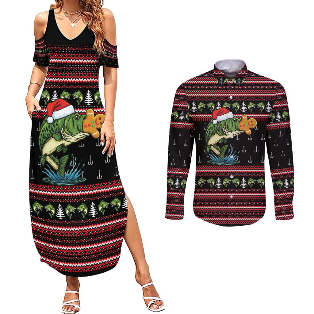 Merry Fishmas Christmas Couples Matching Summer Maxi Dress and Long Sleeve Button Shirt Xmas Holiday Patterns - Wonder Print Shop