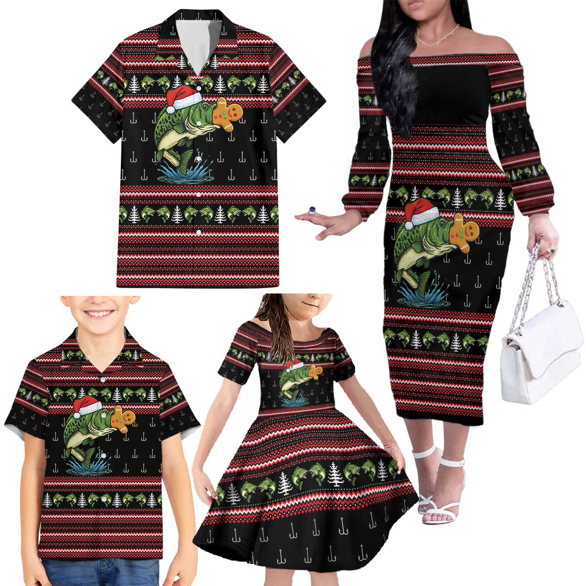 Merry Fishmas Christmas Family Matching Off The Shoulder Long Sleeve Dress and Hawaiian Shirt Xmas Holiday Patterns - Wonder Print Shop