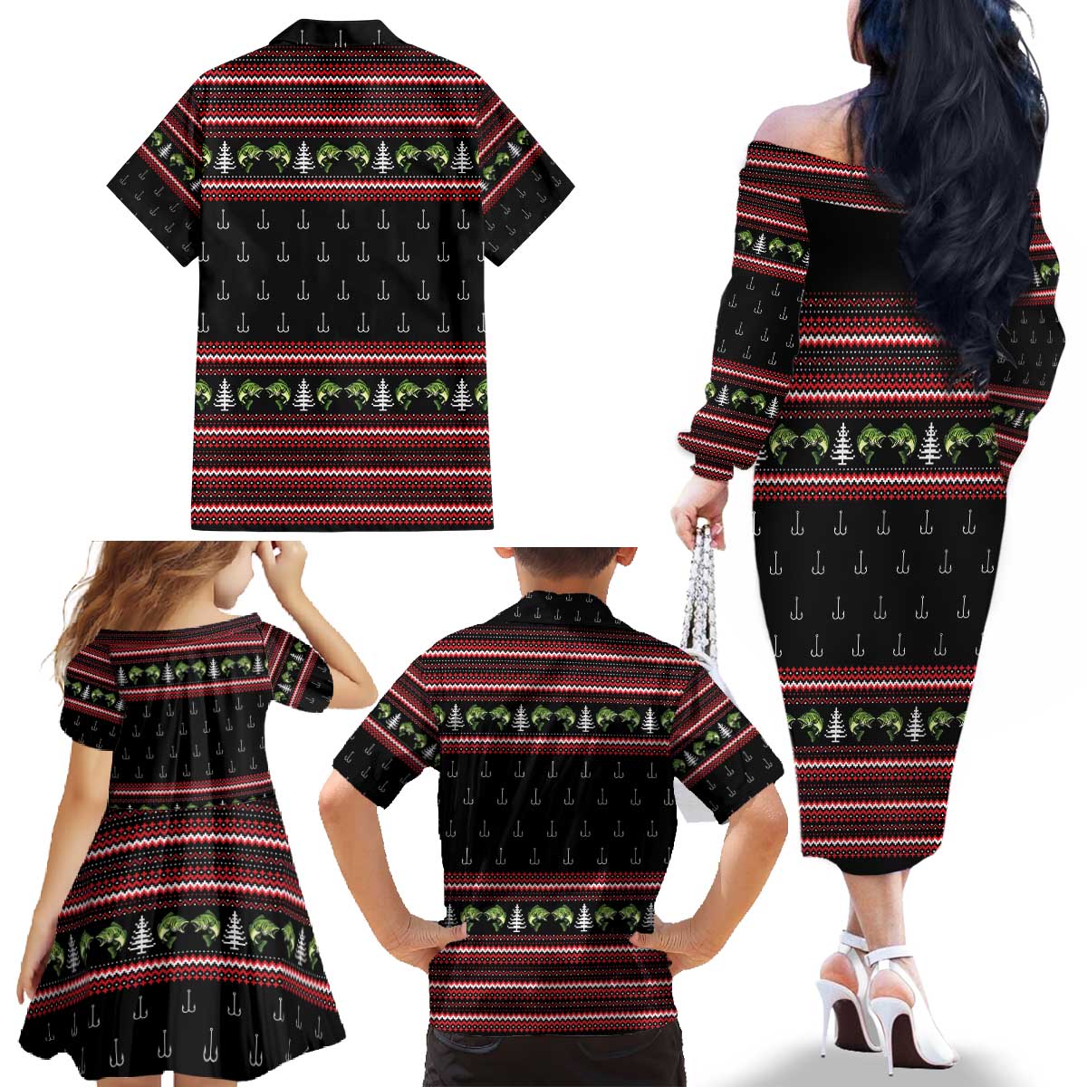 Merry Fishmas Christmas Family Matching Off The Shoulder Long Sleeve Dress and Hawaiian Shirt Xmas Holiday Patterns - Wonder Print Shop