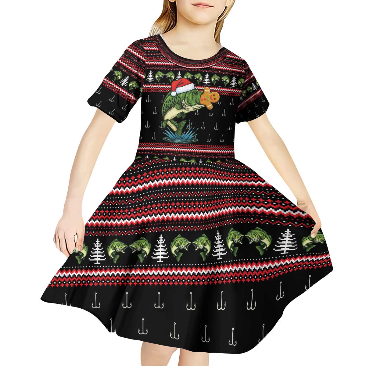 Merry Fishmas Christmas Kid Short Sleeve Dress Xmas Holiday Patterns - Wonder Print Shop