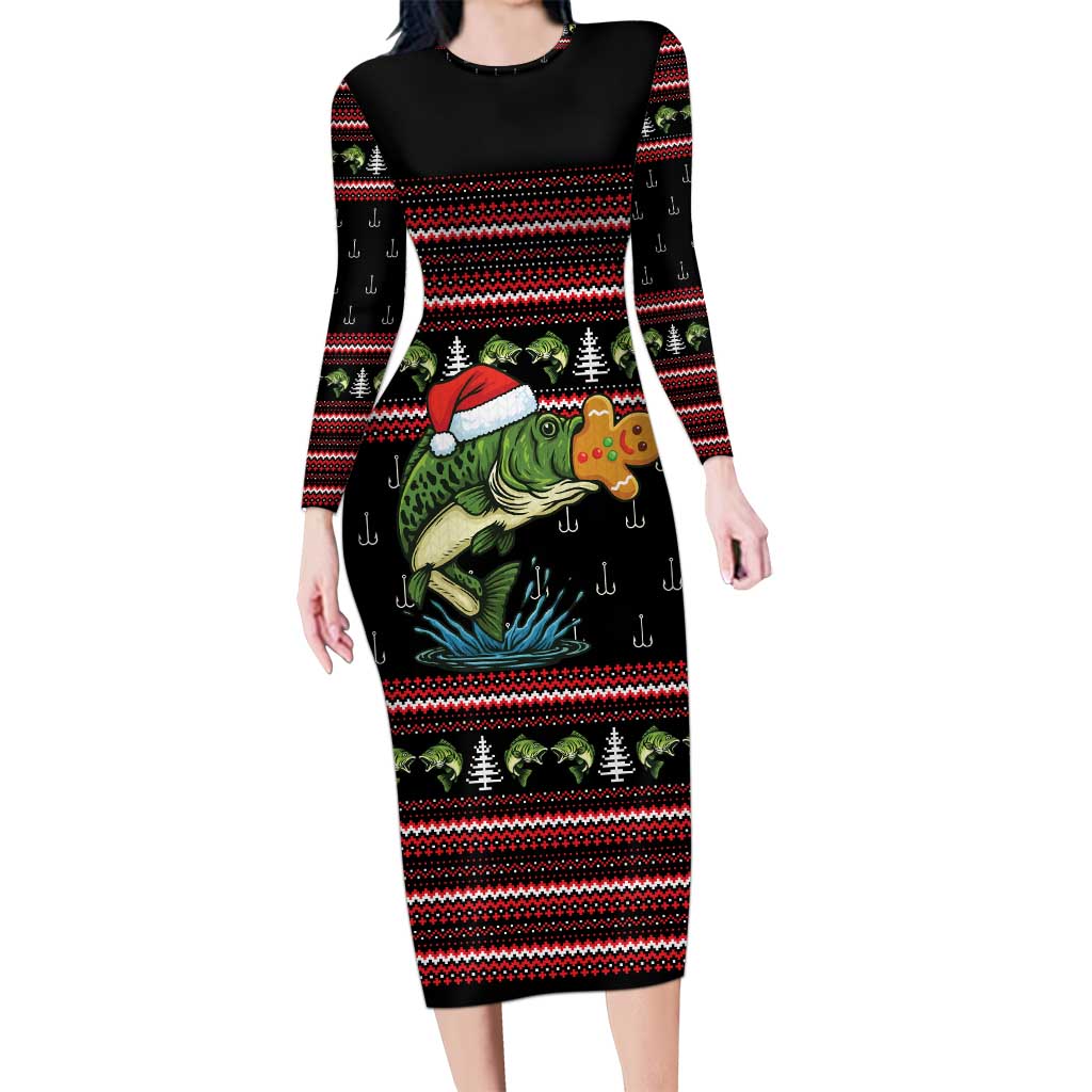 Merry Fishmas Christmas Long Sleeve Bodycon Dress Xmas Holiday Patterns - Wonder Print Shop