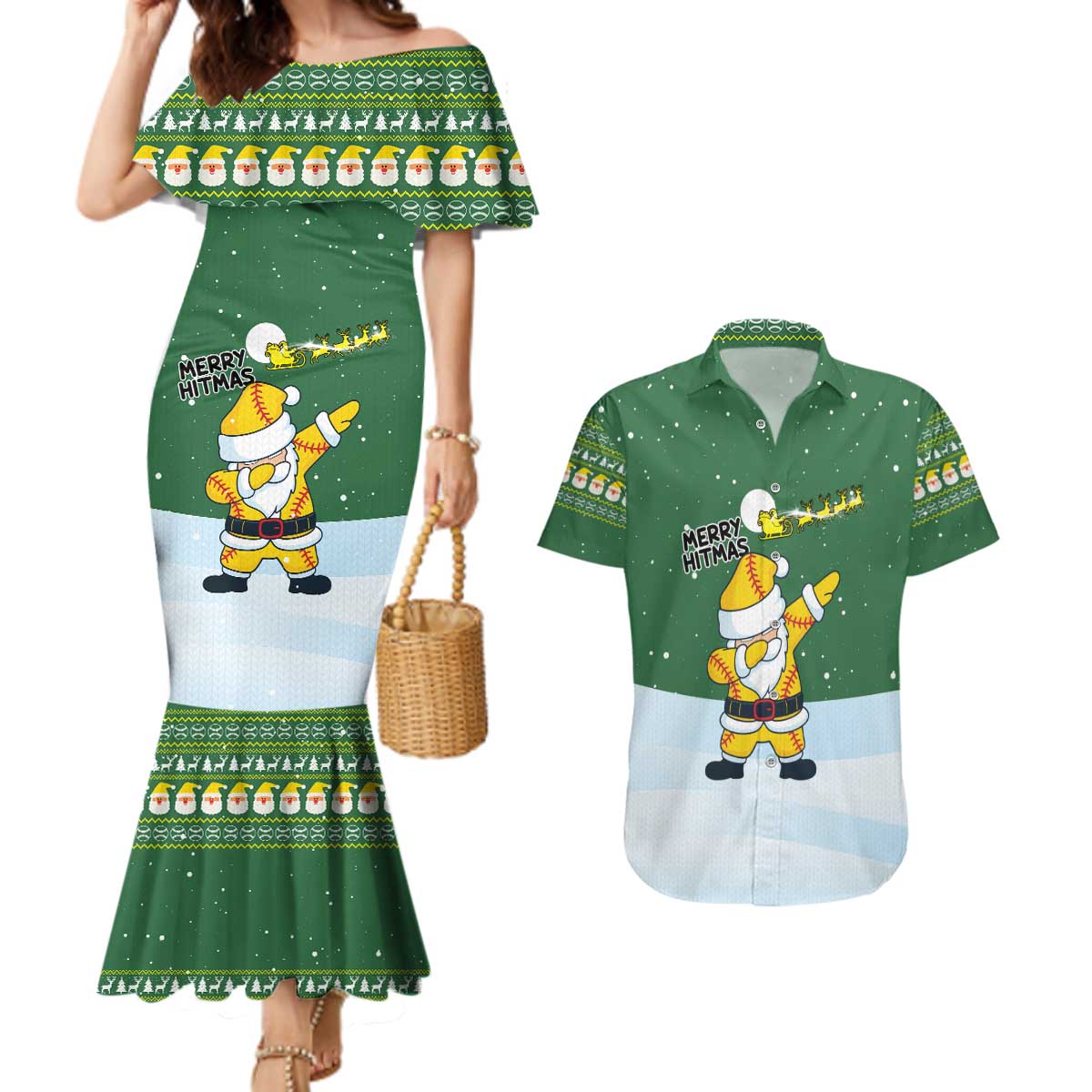 Merry Hitsmas Christmas Yall Christmas Couples Matching Mermaid Dress and Hawaiian Shirt Xmas Holiday Patterns - Wonder Print Shop
