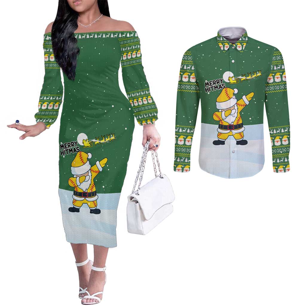 Merry Hitsmas Christmas Yall Christmas Couples Matching Off The Shoulder Long Sleeve Dress and Long Sleeve Button Shirt Xmas Holiday Patterns - Wonder Print Shop