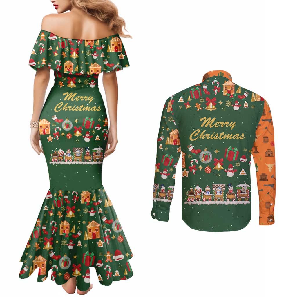Merry Kiss My Texas Christmas Couples Matching Mermaid Dress and Long Sleeve Button Shirt Xmas Holiday Patterns - Wonder Print Shop