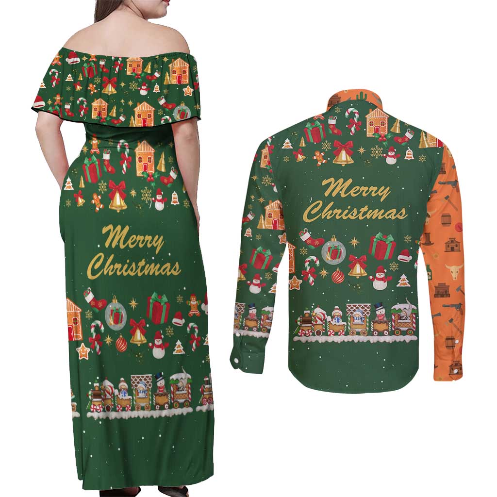 Merry Kiss My Texas Christmas Couples Matching Off Shoulder Maxi Dress and Long Sleeve Button Shirt Xmas Holiday Patterns - Wonder Print Shop