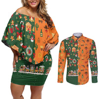 Merry Kiss My Texas Christmas Couples Matching Off Shoulder Short Dress and Long Sleeve Button Shirt Xmas Holiday Patterns - Wonder Print Shop