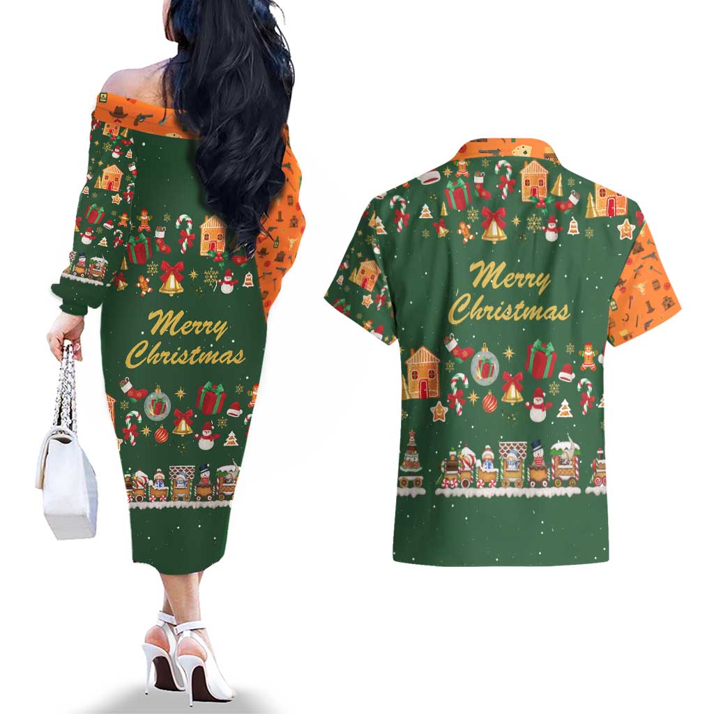 Merry Kiss My Texas Christmas Couples Matching Off The Shoulder Long Sleeve Dress and Hawaiian Shirt Xmas Holiday Patterns - Wonder Print Shop