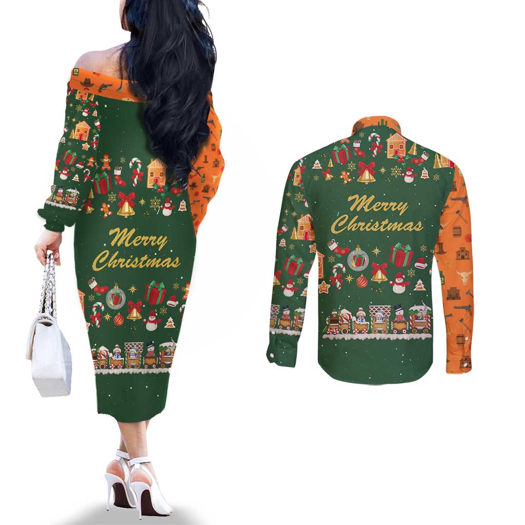 Merry Kiss My Texas Christmas Couples Matching Off The Shoulder Long Sleeve Dress and Long Sleeve Button Shirt Xmas Holiday Patterns - Wonder Print Shop