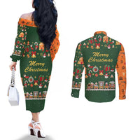 Merry Kiss My Texas Christmas Couples Matching Off The Shoulder Long Sleeve Dress and Long Sleeve Button Shirt Xmas Holiday Patterns - Wonder Print Shop