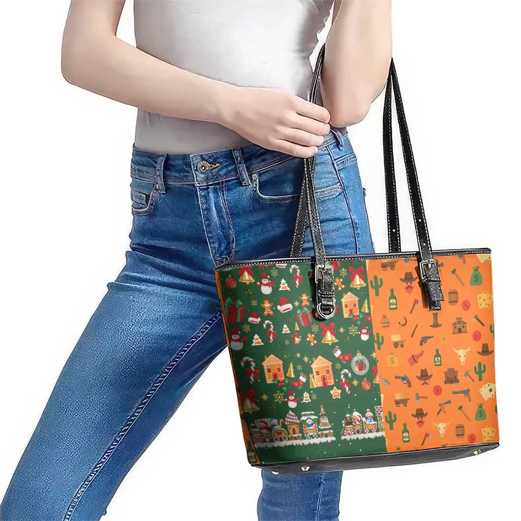 Merry Kiss My Texas Christmas Leather Tote Bag Xmas Holiday Patterns - Wonder Print Shop