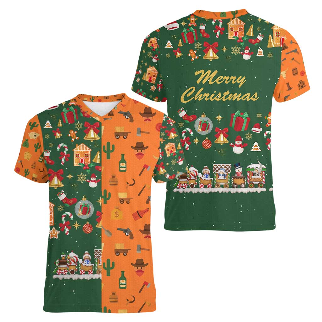 Merry Kiss My Texas Christmas Women V-Neck T-Shirt Xmas Holiday Patterns - Wonder Print Shop