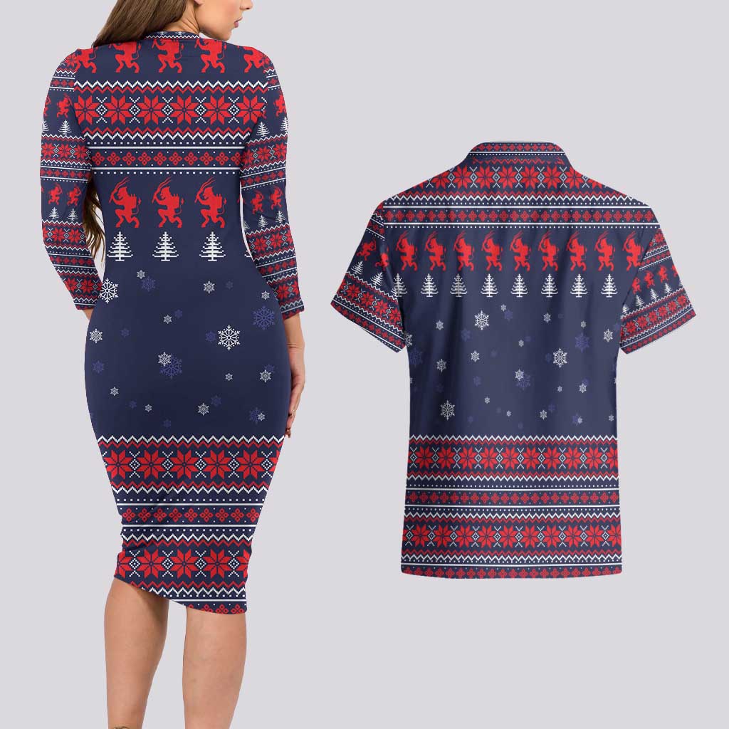 Merry Krampus Christmas Couples Matching Long Sleeve Bodycon Dress and Hawaiian Shirt Xmas Holiday Patterns - Wonder Print Shop