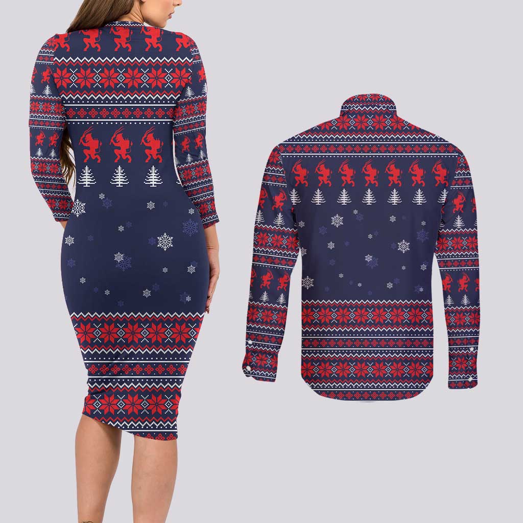 Merry Krampus Christmas Couples Matching Long Sleeve Bodycon Dress and Long Sleeve Button Shirt Xmas Holiday Patterns - Wonder Print Shop